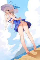 Rule 34 | 1girl, absurdres, ass, bad id, bad pixiv id, bare legs, barefoot, beach, blue eyes, blue skirt, character request, cloud, commentary request, crop top, day, dungeon and fighter, fang, frills, from behind, from below, full body, hand on own head, hat, hat ribbon, heart, heart-shaped pupils, highres, hyorang, legs apart, long hair, looking at viewer, looking back, mage (dungeon and fighter), open mouth, outdoors, panties, pantyshot, pointy ears, ribbon, skirt, solo, standing, symbol-shaped pupils, twintails, underwear, water, white hair, white hat, white panties
