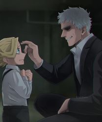 Rule 34 | 2boys, aged down, all for one (boku no hero academia), aoyama yuuga, black jacket, black pants, blonde hair, blurry, blurry background, boku no hero academia, child, collared shirt, commentary, cowboy shot, english commentary, formal, green eyes, grey hair, grin, hands up, highres, jacket, long sleeves, looking at another, multiple boys, open clothes, open jacket, pants, shirt, shirt tucked in, short hair, smile, spoilers, squatting, standing, suspenders, teeth, trevo (trevoshere), twitter username, white shirt