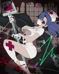Rule 34 | + +, 1girl, absurdres, artist request, between legs, blood, blood bag, blood splatter, blue hair, breasts, character name, cleavage, eyepatch, hair over one eye, hat, highres, intravenous drip, large breasts, mask, nurse cap, ponytail, pouch, red eyes, scalpel, skullgirls, solo, symbol-shaped pupils, syringe, tile wall, tiles, valentine (skullgirls)