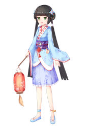 Rule 34 | 1girl, bad id, bad pixiv id, black hair, blue footwear, blue kimono, blue skirt, blunt bangs, breasts, commentary request, full body, green eyes, hair ornament, hairclip, highres, holding lamp, japanese clothes, kimono, lamp, looking at viewer, open mouth, original, shoes, short hair with long locks, shu pian, simple background, skirt, small breasts, solo, white background, wide sleeves