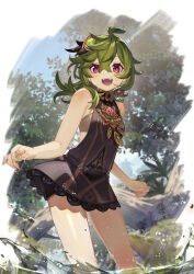 Rule 34 | 1girl, bare shoulders, black dress, collei (genshin impact), day, dress, earrings, genshin impact, green hair, hair between eyes, hair ornament, highres, jewelry, looking at viewer, open mouth, outdoors, pink eyes, sacanahen, sideless dress, sideless outfit, single earring, sleeveless, sleeveless dress, solo, standing, tree, water, wet