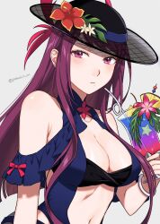 Rule 34 | bare shoulders, black headwear, breasts, cleavage, clothing cutout, dress swimsuit, drink, drinking straw, fire emblem, fire emblem engage, fire emblem heroes, highres, ivy (fire emblem), ivy (summer) (fire emblem), large breasts, long hair, looking at viewer, mole, mole on cheek, mole under mouth, nintendo, official alternate costume, one-piece swimsuit, peach11 01, purple eyes, purple hair, see-through headwear, solo, stomach cutout, swimsuit