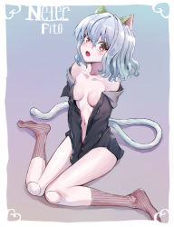 Rule 34 | 1girl, animal ears, breasts, cat ears, cat tail, claws, cleavage, doll joints, fangs, female focus, highres, hunter x hunter, joints, kneehighs, long sleeves, neferpitou, open clothes, open shirt, shirt, short hair, slit pupils, socks, tail, white hair, yagisawa teru