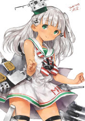 Rule 34 | 1girl, anchor hair ornament, anchor necklace, blunt bangs, dated, dress, green eyes, hair ornament, hair ribbon, hat, highres, jewelry, kantai collection, long hair, looking at viewer, machinery, maestrale (kancolle), mini hat, necklace, one side up, ribbon, sailor collar, sailor dress, signature, silver hair, simple background, sleeveless, sleeveless dress, smile, solo, toka (marchlizard), white background, white dress, white ribbon