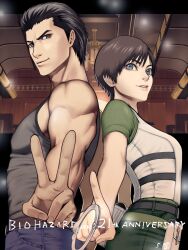 Rule 34 | 1boy, 1girl, 5tatsu, back-to-back, belt, billy coen, black belt, black hair, blue pants, breasts, brown belt, brown hair, closed mouth, cuffs, denim, green pants, green sleeves, grey eyes, grey tank top, hair slicked back, handcuffs, highres, indoors, jeans, medium breasts, muscular, muscular male, pants, parted lips, rebecca chambers, resident evil, resident evil 0, short hair, short sleeves, smile, tank top, upper body, v