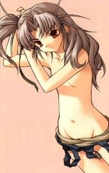 Rule 34 | 1girl, adjusting hair, brown background, brown eyes, clothes pull, daiakuji, dutch angle, female focus, flat chest, frown, grey hair, groin, hair ribbon, hairdressing, jpeg artifacts, long hair, looking at viewer, navel, no nipples, one-piece swimsuit, one-piece swimsuit pull, onigirikun, orange eyes, ribbon, school swimsuit, side ponytail, simple background, solo, standing, swimsuit, takega satsu, topless, undressing