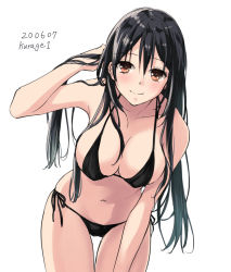 Rule 34 | 1girl, artist name, bikini, black bikini, black hair, breasts, brown eyes, chikuma (kancolle), cleavage, collarbone, cowboy shot, dated, kantai collection, kurage1, large breasts, leaning forward, long hair, looking at viewer, one-hour drawing challenge, side-tie bikini bottom, simple background, solo, swimsuit, thigh gap, white background