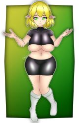 Rule 34 | 1girl, absurdres, blonde hair, breasts, gradient background, green background, green eyes, highres, latex, latex shorts, latex top, looking at viewer, medium hair, mizuhashi parsee, open arms, open hands, pointy ears, shiny clothes, smile, socks, solo, stomach, thighs, touhou, underboob, white socks, yellow background