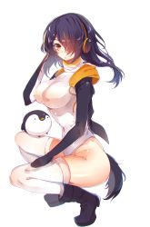 Rule 34 | 10s, 1girl, absurdres, ass, bad id, bad pixiv id, baocaizi, bird, black hair, boots, brown eyes, covered erect nipples, covered navel, emperor penguin (kemono friends), from side, hair over one eye, headphones, highres, kemono friends, leotard, long hair, looking at viewer, multicolored hair, penguin, solo, squatting, tail, thighhighs, two-tone hair, white thighhighs