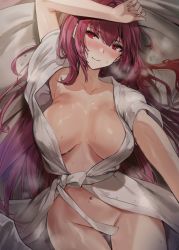 Rule 34 | 1girl, alracoco, arms up, blunt bangs, blush, breasts, cleavage, convenient censoring, fate/grand order, fate (series), front-tie top, long hair, looking at viewer, lying, navel, purple hair, red eyes, robe, scathach (fate), smile, solo, very long hair, white robe