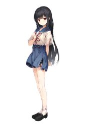 Rule 34 | 1girl, absurdres, black hair, blush, breasts, buttons, closed mouth, collarbone, commentary request, dress, floral print, flower, full body, hand on own chest, hand up, highres, hitoyoshi aoi, loafers, long hair, looking at viewer, medium breasts, official art, onsen musume, red eyes, senji (tegone spike), shoes, short dress, short sleeves, simple background, skirt, smile, socks, solo, standing, white background, white socks