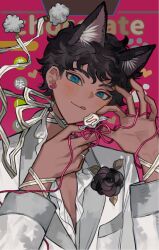 1boy :q animal_ears black_hair blue_eyes blush cat_boy cat_ears chocolate corsage curly_hair dark-skinned_male dark_skin dungeon_meshi earrings food heart heart_earrings highres holding holding_chocolate holding_food jacket jewelry kabru kemonomimi_mode licking_lips long_hair looking_at_viewer male_focus red_background ribbon short_hair smile solo tongue tongue_out upper_body white_jacket wo_yao_chifan