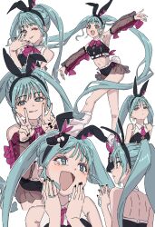 Rule 34 | 1girl, absurdres, animal ears, aqua eyes, aqua hair, armpits, back, black hairband, black nails, black shorts, blush, bow, bowtie, collared shirt, detached sleeves, earrings, fang, frills, hairband, hand on own face, hatsune miku, highres, jewelry, long hair, looking at viewer, loose socks, micro shorts, midriff, mosh mallow, multiple views, navel, nontraditional playboy bunny, one eye closed, open mouth, purple bow, purple bowtie, rabbit ears, rabbit tail, see-through, see-through sleeves, shirt, shorts, simple background, sleeveless, sleeveless shirt, smile, socks, tail, tears, twintails, v, very long hair, vocaloid, white background, white socks
