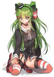 Rule 34 | 10s, 1girl, amatsukaze (kancolle), amatsukaze (kancolle) (cosplay), artist name, c.c., code geass, cosplay, creayus, dress, green hair, hat, high heels, kantai collection, kneeling, long hair, no panties, sailor dress, short dress, simple background, smile, solo, striped clothes, striped thighhighs, thighhighs, twintails, two side up, white background, yellow eyes
