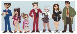 Rule 34 | 3boys, 4girls, absurdres, ace attorney, ascot, bandaid, bandaid on face, black gloves, blue suit, brown footwear, brown hair, brown pants, coat, dick gumshoe, earrings, formal, franziska von karma, full body, geta, gloves, green coat, hair rings, hanten (clothes), highres, jacket, japanese clothes, jewelry, kimono, long hair, long sleeves, magatama, maya fey, mia fey, miles edgeworth, mole, mole under mouth, multiple boys, multiple girls, necklace, necktie, obi, official style, pants, pantyhose, paula peroff, pearl fey, pencil behind ear, phoenix wright, pink kimono, red jacket, red necktie, red pants, red sash, sash, scarf, short hair, short kimono, sidelocks, skirt, skirt suit, spiked hair, standing, suit, the ghost and molly mcgee, toon (style), whip, white footwear, white hair, yellow scarf