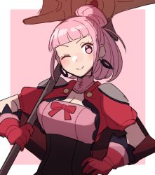Rule 34 | 1girl, alternate hairstyle, armor, axe, battle axe, blush, breasts, cleavage, closed mouth, clothing cutout, do m kaeru, dress, earrings, female focus, fire emblem, fire emblem: three houses, fire emblem warriors, fire emblem warriors: three hopes, freikugel (weapon), gloves, hair bun, hand on own hip, hilda valentine goneril, holding, holding axe, holding weapon, hoop earrings, jewelry, large breasts, looking at viewer, matching hair/eyes, nintendo, official alternate costume, official alternate hairstyle, one eye closed, pink eyes, pink gloves, pink hair, puffy short sleeves, puffy sleeves, red gloves, short hair, short sleeves, shoulder armor, single hair bun, smile, solo, upper body, weapon, wink