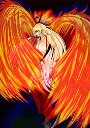 Rule 34 | 1girl, absurdres, baggy pants, bird, black background, breasts, collared shirt, dark background, expressionless, fire, from side, fujiwara no mokou, highres, hime cut, long hair, looking at viewer, no headwear, pants, phoenix, red eyes, red pants, shirt, shoes, sidelocks, sleeves rolled up, solo, suspenders, touhou, very long hair, weedhollow (dokuran), white hair, white shirt