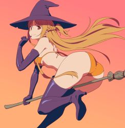 Rule 34 | 1girl, ass, asuna (sao), bikini, black gloves, black hat, black thighhighs, boots, breasts, broom, broom riding, brown eyes, brown hair, closed mouth, elbow gloves, female focus, finger to mouth, gloves, gradient background, hat, long hair, looking at viewer, medium breasts, orange background, orange bikini, puge, smile, solo, swimsuit, sword art online, thigh boots, thighhighs, witch hat