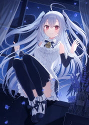 Rule 34 | 1girl, bell, black ribbon, blue flower, blue neckwear, blue sleeves, blue thighhighs, blush, breasts, closed mouth, curtains, detached sleeves, dress, dutch angle, falling petals, feet together, flower, hair between eyes, hair ribbon, highres, indoors, long hair, looking at viewer, medium breasts, night, night sky, original, petals, red eyes, ribbon, silver hair, sitting, sky, smile, solo, star (sky), starry sky, table, thighhighs, two side up, vase, very long hair, white dress, window, yashiro seika