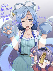 Rule 34 | 2girls, animal ears, animal hands, belt, black belt, blue dress, blue eyes, blue hair, blue headwear, blush, breasts, cabbie hat, cat day, cat ears, cat tail, collared vest, commentary request, cowboy shot, dated, dress, facial mark, fangs, gloves, hagoromo, hair ornament, hair rings, hair stick, hat, hat ornament, highres, jiangshi, kaku seiga, kemonomimi mode, lace-trimmed sleeves, lace trim, looking at viewer, medium breasts, medium hair, miyako yoshika, multiple girls, off-shoulder dress, off shoulder, ofuda, one eye closed, open clothes, open mouth, open vest, paw gloves, paw pose, purple hair, red shirt, shawl, shika miso, shirt, short sleeves, smile, star (symbol), star hat ornament, tail, touhou, upper body, vest, whisker markings, white vest