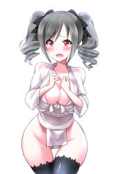 Rule 34 | 1girl, alternate costume, black thighhighs, blush, bow, breasts, cleavage, commentary request, drill hair, fundoshi, groin, highres, idolmaster, idolmaster cinderella girls, japanese clothes, kanzaki ranko, large breasts, long hair, mizu happi, open mouth, red eyes, ribbon, silver hair, solo, tango (tn500), thigh gap, thighhighs, twintails, wide hips
