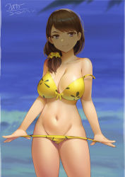 Rule 34 | 1girl, absurdres, bare arms, bare shoulders, bikini, blurry, blurry background, blush, bow, breasts, cleavage, closed mouth, clothes pull, collarbone, cowboy shot, dated, day, depth of field, groin, hair ornament, hair scrunchie, highres, large breasts, long hair, looking at viewer, low ponytail, mato kuroi, navel, ocean, original, outdoors, pulling own clothes, purple eyes, scrunchie, seductive smile, signature, smile, stomach, strap slip, swept bangs, swimsuit, thighs, water, yellow bikini, yellow bow
