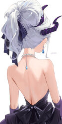 Rule 34 | 1girl, artist name, back, back focus, black horns, blue archive, demon horns, dress, earrings, elbow gloves, from behind, gloves, grey hair, haruri, highres, hina (blue archive), hina (dress) (blue archive), horns, jewelry, long hair, multiple horns, nape, necklace, official alternate costume, purple gloves, signature, simple background, solo, strapless, strapless dress, upper body, white background