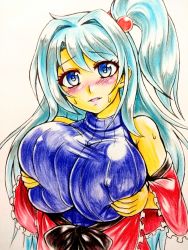 Rule 34 | 1girl, absurdres, ballpoint pen (medium), bare shoulders, blue eyes, blush, breast hold, breasts, colored pencil (medium), covered erect nipples, grabbing, grabbing own breast, hair bobbles, hair ornament, highres, large breasts, long hair, looking at viewer, ribbed sweater, grabbing own breast, shinki (touhou), side ponytail, sweater, touhou, touhou (pc-98), traditional media, yazuki gennojou