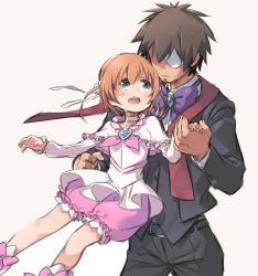 Rule 34 | 1boy, 1girl, :o, alternate costume, black suit, blue eyes, blush, bow, bowtie, brooch, brown hair, choker, cosplay, dancing, denki-gai no hon&#039;ya-san, dress, eyepatch, facial hair, fang, formal, frilled dress, frills, fu-girl, gem, goatee, hair ribbon, hetero, hidden eyes, holding hands, jewelry, ka-no, lifting person, looking at another, looking up, mask, no eyes, open mouth, puffy pants, purple bow, ribbon, scared, sharp teeth, short hair, simple background, sommelier (denki-gai), suit, teeth, tooth, white background