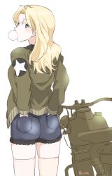 Rule 34 | 1girl, blonde hair, blue eyes, blue shorts, brown jacket, blowing bubbles, chewing gum, commentary, cutoffs, denim, denim shorts, ei (akinosakae), emblem, from behind, girls und panzer, hair intakes, hands in pockets, jacket, kay (girls und panzer), long hair, long sleeves, looking at viewer, looking back, military, military uniform, motor vehicle, motorcycle, one-hour drawing challenge, saunders military uniform, short shorts, shorts, simple background, solo, standing, star (symbol), thighhighs, uniform, white background, white thighhighs