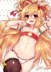 Rule 34 | 1girl, :d, arm garter, bandeau, bare shoulders, beads, blonde hair, blush, brown thighhighs, cameltoe, covered erect nipples, detached sleeves, earclip, eyelashes, feathers, flat chest, garter straps, granblue fantasy, hair beads, hair between eyes, hair ornament, halterneck, harvin, highres, knee up, leg up, long hair, looking at viewer, mahira (granblue fantasy), navel, open mouth, osiimi, panties, pointy ears, red eyes, ribs, saliva, smile, solo, thighhighs, tongue, underwear, very long hair, white panties