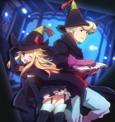 Rule 34 | 1boy, 1girl, ass, blonde hair, blue eyes, blush, book, boots, bow, bravely default: flying fairy, bravely default (series), breasts, cape, edea lee, elbow gloves, garter straps, gloves, hat, leaning, leaning forward, long hair, looking at viewer, mocchiri, one eye closed, pants, platinum blonde hair, ringabel, sideboob, skirt, smile, thigh boots, thighhighs, wink