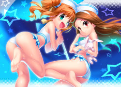 Rule 34 | 2girls, :d, ass, bare shoulders, barefoot, bikini, blush, brown hair, covered erect nipples, dixie cup hat, feet, from behind, from below, green eyes, hairband, hat, idolmaster, idolmaster (classic), long hair, looking at viewer, looking back, looking down, military hat, minase iori, multiple girls, open mouth, orange hair, red eyes, sailor bikini, sailor collar, sailor hat, sailor swimsuit (idolmaster), shiny skin, side-tie bikini bottom, smile, soles, stuffed animal, stuffed rabbit, stuffed toy, swimsuit, takatsuki yayoi, toes, twintails, umbrella, white bikini, zen