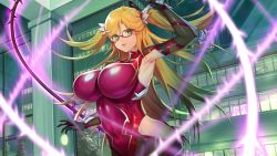 Rule 34 | action taimanin, arm up, armpits, blonde hair, breasts, building, covered navel, elbow gloves, fishnet gloves, fishnets, game cg, glasses, gloves, glowing, glowing weapon, green eyes, groin, highres, huge breasts, impossible clothes, impossible leotard, kosaka shizuru, leotard, long hair, looking at viewer, office, serious, taimanin (series), taimanin suit, thorns, tree, twintails, weapon, whip, wide hips