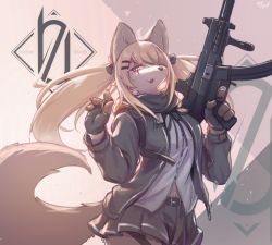 Rule 34 | 1girl, :3, animal ears, animal nose, artist name, belt, black gloves, black jacket, black ribbon, black scarf, black skirt, blonde hair, blush, blush stickers, body fur, breasts, brown background, brown fur, buttons, claws, cowboy shot, dated, english text, fang, female focus, finger on trigger, fingerless gloves, fox ears, fox girl, fox tail, furrification, furry, furry female, girls&#039; frontline, gloves, gradient background, gun, h&amp;k ump, hair ornament, hair over one eye, hair ribbon, hairclip, half-closed eyes, hands up, happy, highres, holding, holding gun, holding weapon, jacket, jpeg artifacts, long hair, long sleeves, looking at viewer, medium breasts, miniskirt, neck ribbon, open clothes, open jacket, open mouth, pleated skirt, ribbon, scar, scar across eye, scar on face, scarf, shirt, sidelocks, signature, skirt, smile, solo, standing, submachine gun, tail, thigh strap, twintails, two-tone fur, ump9 (girls&#039; frontline), waving, weapon, white fur, white shirt, whooo-ya