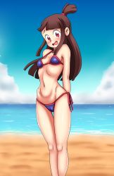 Rule 34 | 1girl, asortofcolorfag, bare arms, bare legs, beach, bikini, blush, breasts, brown hair, cameltoe, embarrassed, high ponytail, highres, kagari atsuko, little witch academia, long hair, looking at viewer, navel, ocean, open mouth, outdoors, purple bikini, red eyes, side-tie bikini bottom, small breasts, solo, standing, swimsuit, thigh gap