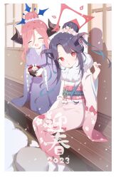 Rule 34 | 2023, 2girls, absurdres, black hair, black horns, blue archive, bowl, closed eyes, demon horns, earrings, floral print, flower, food, frilled sleeves, frills, fur-trimmed kimono, fur collar, fur trim, fuuka (blue archive), fuuka (new year) (blue archive), gradient kimono, hair between eyes, hair bun, hair flower, hair on horn, hair ornament, halo, highres, holding, holding bowl, horns, japanese clothes, jewelry, juri (blue archive), kimono, kneeling, long sleeves, multiple girls, new year, obi, official alternate costume, open mouth, parted bangs, pink flower, pink hair, pink kimono, purple kimono, red eyes, sash, sitting, snow, snowing, socks, tabi, urotsuki (2013.04), white kimono, wide sleeves