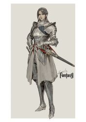 1girl absurdres armor armored_boots boots border breastplate fantasy faulds full_body gauntlets grey_background grey_hair highres knight original pauldrons plate_armor sheath sheathed shoulder_armor signature solo sonech standing sword weapon white_border