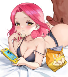 Rule 34 | 1girl, aqua nails, artist name, ass, black panties, blush, breasts, buttjob, buttjob over clothes, censored, chips (food), cleavage, collarbone, curly hair, eden (shiroki yuutsu), facing viewer, flower-shaped hair, food, forehead, frottage, grin, hair behind ear, looking at viewer, lying, medium breasts, medium hair, mosaic censoring, nail polish, nintendo switch, on stomach, original, panties, parted hair, penis, pink hair, playing games, potato chips, smile, solo, strap slip, thong, underwear, yellow eyes