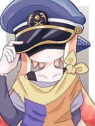 Rule 34 | 1girl, agent 3 (splatoon 3), blue hat, blue shirt, border, closed mouth, collarbone, commentary request, gradient background, grey background, hat, headphones, highres, inkling, inkling girl, inkling player character, long hair, military hat, multicolored shirt, nintendo, orange hair, orange shirt, outside border, shaded face, shirt, simple background, solo, splatoon (series), splatoon 3, tentacle hair, tonbofree, torn clothes, torn shirt, upper body, white border, yellow shirt