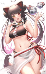 Rule 34 | 1girl, :d, animal ears, bare arms, bare shoulders, bell, bikini, black bikini, blunt bangs, blush, breasts, brown hair, collar, cowboy shot, dog ears, dog girl, dog tail, double bun, fang, flower knot, hair bun, hands up, heterochromia, highres, inui toko, jingle bell, large breasts, looking at viewer, nail polish, navel, nijisanji, open mouth, pink nails, red eyes, sarong, see-through, simple background, skin fang, smile, solo, stomach, suraimu (suraimuraimu), swimsuit, tail, thigh gap, twintails, virtual youtuber, water drop, white background, yellow eyes