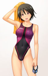 Rule 34 | 1girl, armpits, black hair, breasts, brown eyes, competition swimsuit, covered erect nipples, face, fang, goggles, highres, kuri (kurigohan), medium breasts, one-piece swimsuit, original, short hair, skindentation, solo, speedo (company), swimsuit, towel