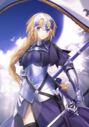 Rule 34 | 1girl, armor, armored dress, black thighhighs, blonde hair, blue eyes, blue sky, braid, capelet, cloud, day, fate/apocrypha, fate/grand order, fate (series), flag, gauntlets, headpiece, highres, jeanne d&#039;arc (fate), jeanne d&#039;arc (ruler) (fate), long hair, looking at viewer, metal gloves, minamina, ruler (fate/grand order), sky, solo, sword, thighhighs, very long hair, weapon