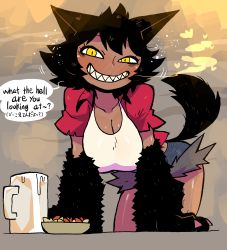 Rule 34 | 1girl, absurdres, animal ears, bent over, black hair, blue shorts, blush, bowl, breasts, breath, cleavage, dark-skinned female, dark skin, denim, denim shorts, drunk, english text, full-face blush, fur-trimmed shorts, fur trim, grin, heart, highres, jacket, large breasts, looking at viewer, open clothes, open jacket, original, rariatto (ganguri), red jacket, rudy (rariatto), sharp teeth, shirt, short shorts, short sleeves, shorts, smile, solo, squeans, tail, tail raised, tankard, teeth, white shirt, wolf ears, wolf tail, yellow eyes