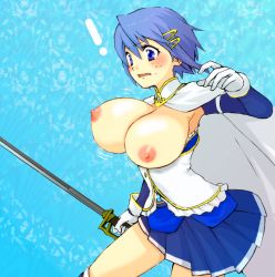 Rule 34 | 10s, 1girl, blue eyes, blue hair, blush, breast expansion, breasts, breasts out, dress, female focus, mahou shoujo madoka magica, mahou shoujo madoka magica (anime), matching hair/eyes, miki sayaka, misochige, nipples, open mouth, shaft (company), short hair, solo, standing, sword, weapon