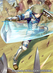 Rule 34 | 4boys, alternate costume, armor, black hair, brown hair, copyright notice, curly hair, donnel (fire emblem), fire emblem, fire emblem awakening, fire emblem cipher, holding, holding weapon, looking at viewer, male focus, motion lines, multiple boys, mytea (soso), nintendo, official art, polearm, pot, scar, shield, spear, watermark, weapon