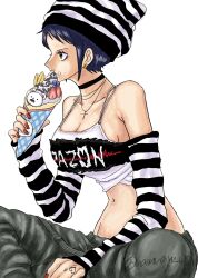 1girl alternate_universe bepo blue_hair breast_tattoo breasts canon_genderswap cheek_bulge cleavage curvy eating food genderswap genderswap_(mtf) hair_ornament hat highres holding holding_food ice_cream jewelry large_breasts looking_afar namnam_op one_piece revealing_clothes short_hair shoulder_tattoo simple_background sitting tattoo thighs tomboy trafalgar_law trafalgar_law_(female) white_background wide_hips yellow_eyes