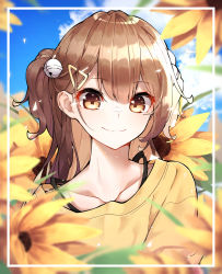 Rule 34 | 1girl, bell, blurry, bra strap, brown eyes, brown hair, closed mouth, cloud, collarbone, day, depth of field, flower, framed, hair ornament, hairclip, highres, jingle bell, long hair, looking at viewer, one side up, original, se.a, shirt, sky, smile, solo, tam tambourine, upper body, yellow flower, yellow shirt