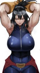 Rule 34 | 1girl, absurdres, armpits, arms behind head, arms up, bare shoulders, biceps, black hair, bodysuit, boku no hero academia, breasts, cape, folded ponytail, gloves, grey eyes, highres, huge breasts, long hair, looking at viewer, mole, mole under mouth, muscular, muscular female, open mouth, red cape, shimura nana, sleeveless, sleeveless bodysuit, solo, sweat, waist cape, yellow gloves, yoshio (55level)
