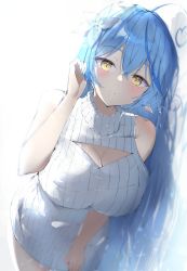 Rule 34 | 1girl, ahoge, bare arms, bare shoulders, blue hair, blush, breasts, cleavage, cleavage cutout, clothing cutout, commentary request, cowboy shot, dress, flower, hair between eyes, hair flower, hair ornament, hololive, large breasts, long hair, looking at viewer, nail polish, nekopote, pencil dress, pointy ears, ribbed dress, ribbed sweater, simple background, sleeveless, sleeveless dress, sleeveless turtleneck, solo, standing, sweater, sweater dress, turtleneck, very long hair, virtual youtuber, white background, white dress, white flower, yellow eyes, yukihana lamy